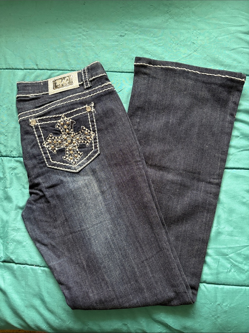 Miss Chic Jeans Dark Blue Boot Cut Jeans with Rhinestone Cross Pocket